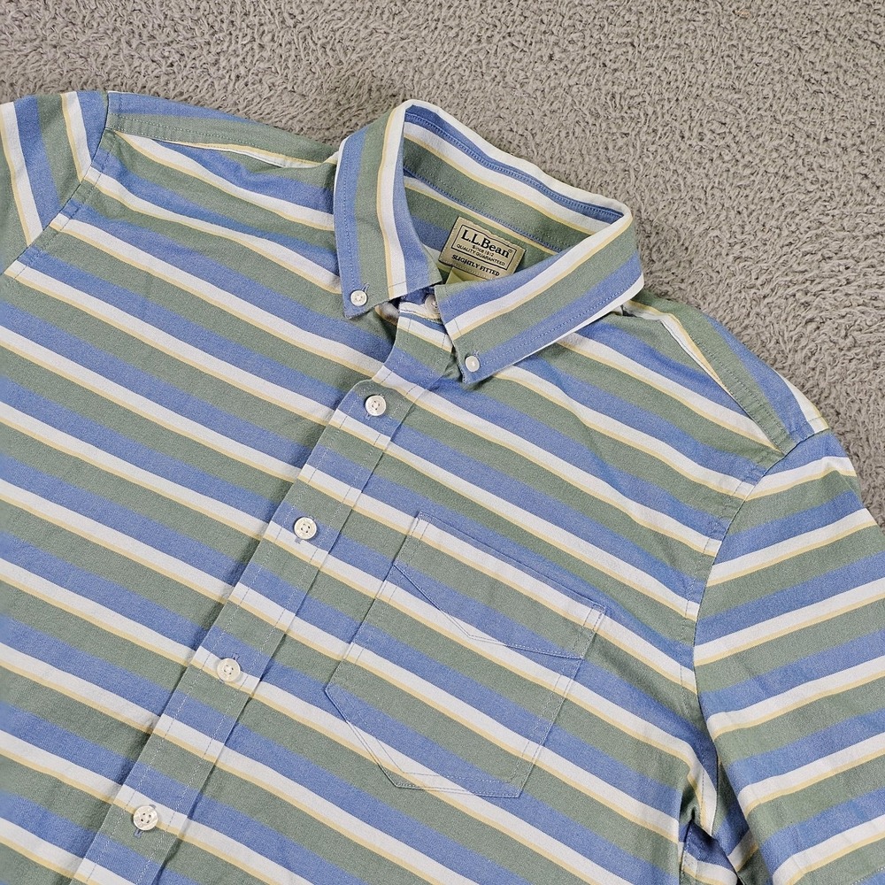 L.L.Bean Shirt Mens Large Blue Stripe Short Sleeve Button Down Pocket Casual
